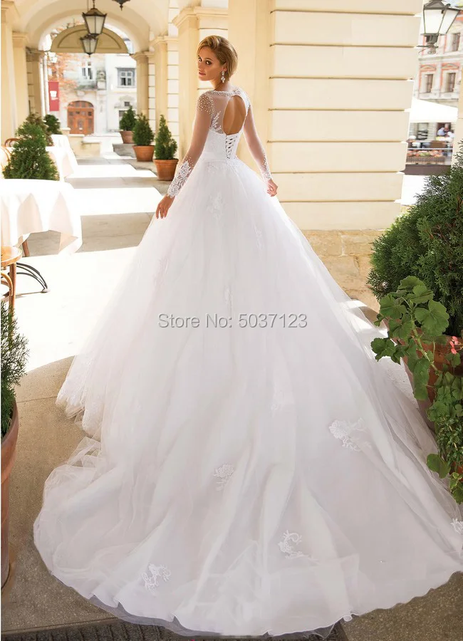 Vestido De Noiva A Line тюлевые Свадебные платья с круглым вырезом и бусинами, с длинными рукавами, кружевные аппликации для свадебных платьев, со шлейфом, большие размеры