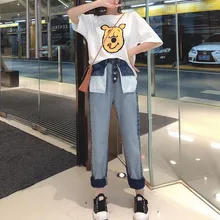 NORMOV/модные женские осенние винтажные большие карманы, лоскутные внешние кнопки, джинсы с высокой талией, свободные прямые джинсы до щиколотки, повседневные джинсы