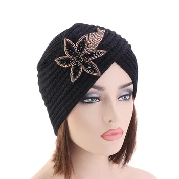 

Muslim inner hijab caps bohemia turban crystal flower Indian hat knitting hijab bonnet turbante cap for women 04