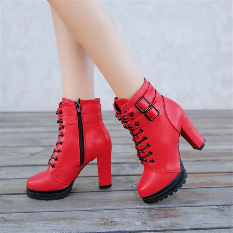 2024 New Fashion Black Red Ankle Boots Women Spring Autumn Lace-Up Soft Leather Platform Shoes Woman Party Short Boots High Heel