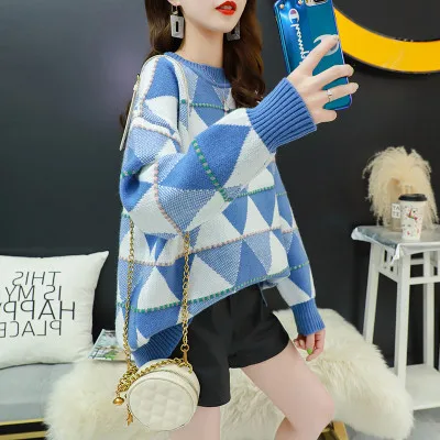 HF19556 Blue H. SA женский зимний розовый свитер Джемперы Oneck Argyle зеленый трикотаж свободные пуловеры Женская зимняя одежда теплый халат Pull - Цвет: HF19556 Blue