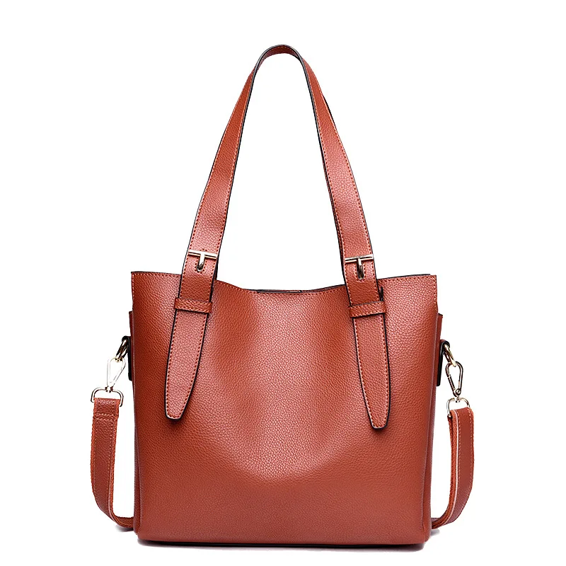 new leather women's bag simple leather shoulder slung portable bucket tote bag - Цвет: Коричневый