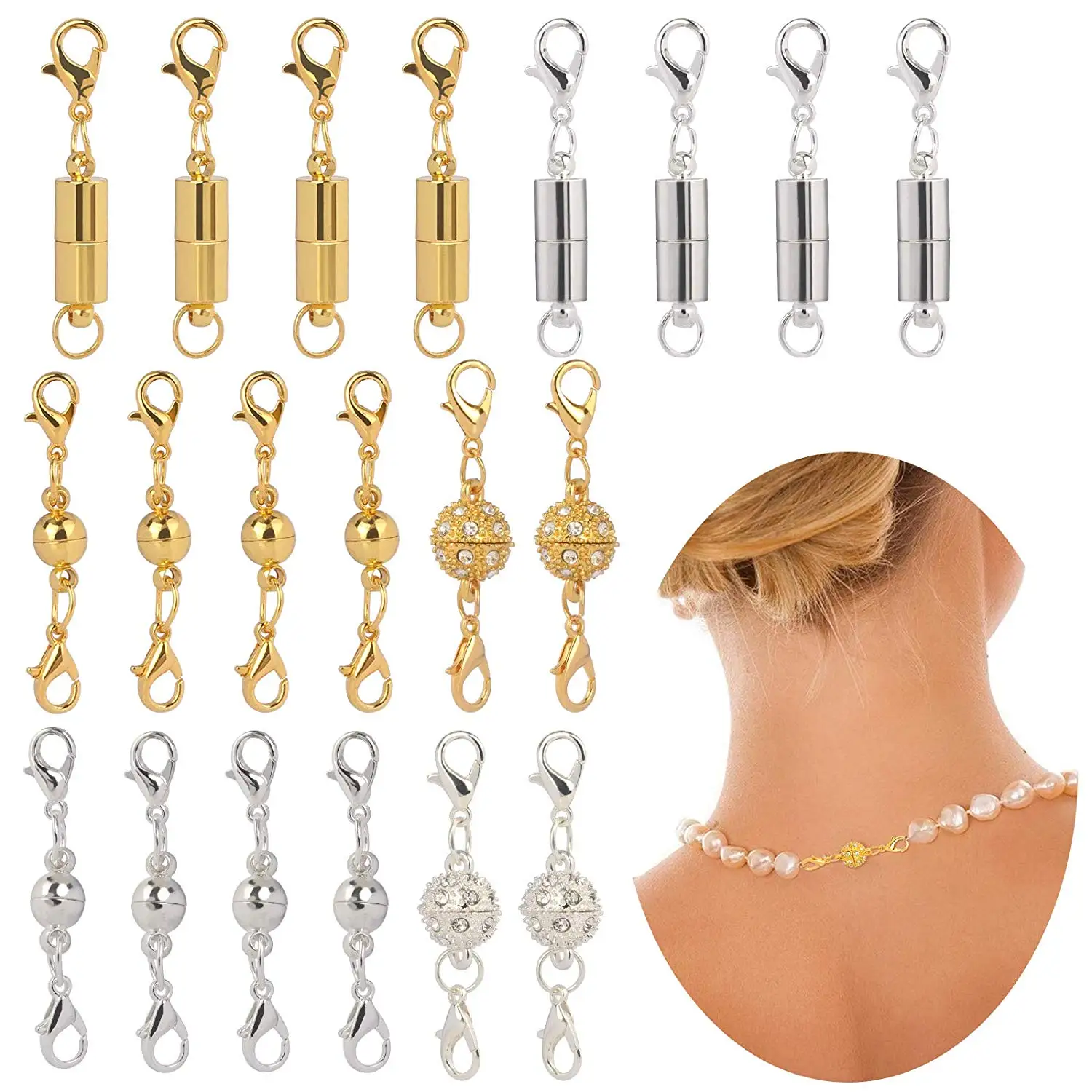 

20pcs Lobster Clasp Connection Locking Chain Rhinestone Round Ball Cylindrical with Storage Box for Jewelry Necklace Bracelet