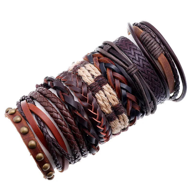 

Jessingshow Fashion Bracelets 10pcs/set Wrap Woven Handmade Men Bracelets Women Leather Bracelet Men Bangle Punk Jewelry Gift