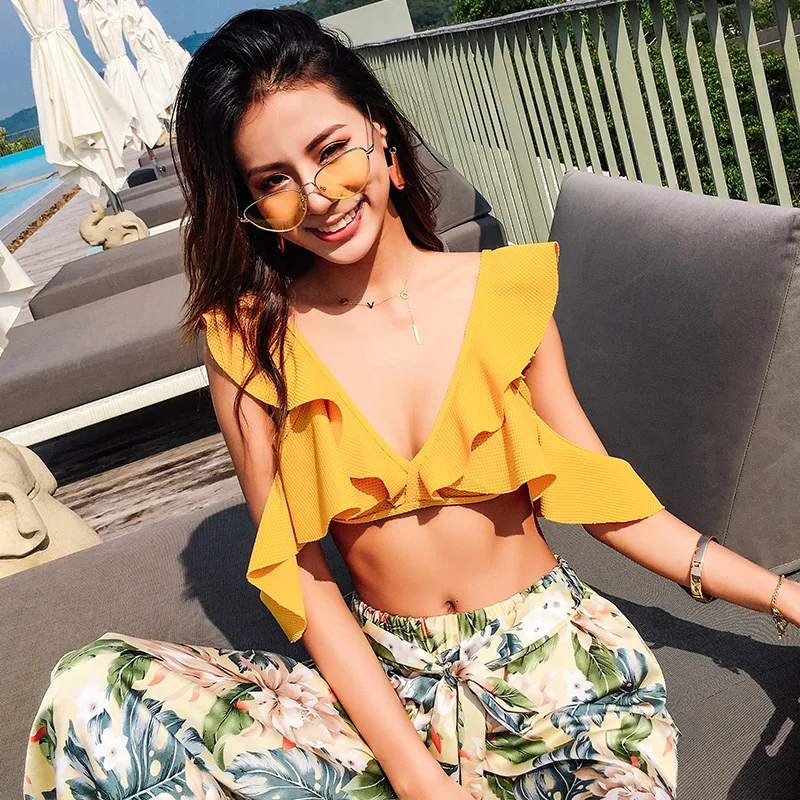 

2018 Split Type Fashion New Style Korean-style WOMEN'S Swimsuit Skirt Split Type Three-piece Set Boxer Slimming Belly Covering H