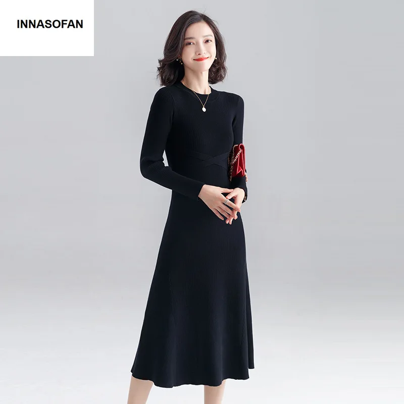 INNASOFAN knitted dress women Autumn Winter long-sleeved dress Euro-American fashion chic dress solid color