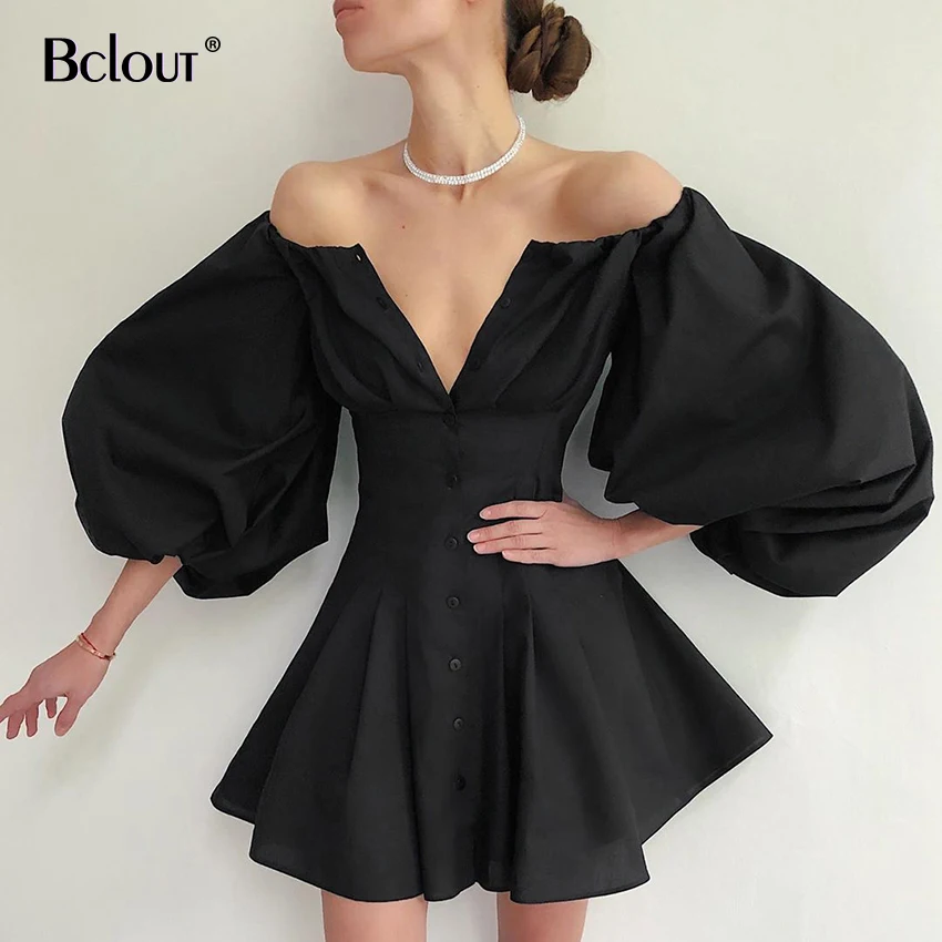 Dresses Black Latern Flare Sleeve-Button-Down Bclout Elegant White Off-Shoulder High-Waist