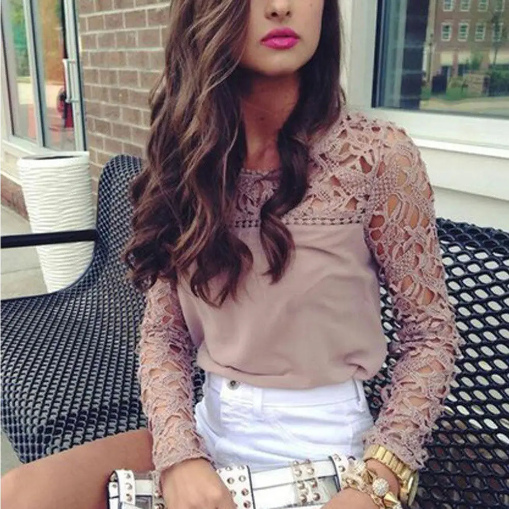 

Sexy Lace Blouse Women Spring Fall Casual Long Sleeve Patchwork Tops Solid O Neck Hollow Out Female Tops Streetwear