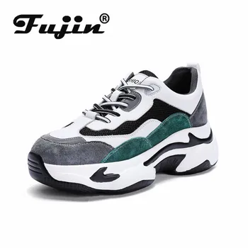 

Fujin Genuine Leather Women Sneakers High Platform Shoes Chunky Soft Breathable Leather Comfortable Walking Feeling Donot Sweat