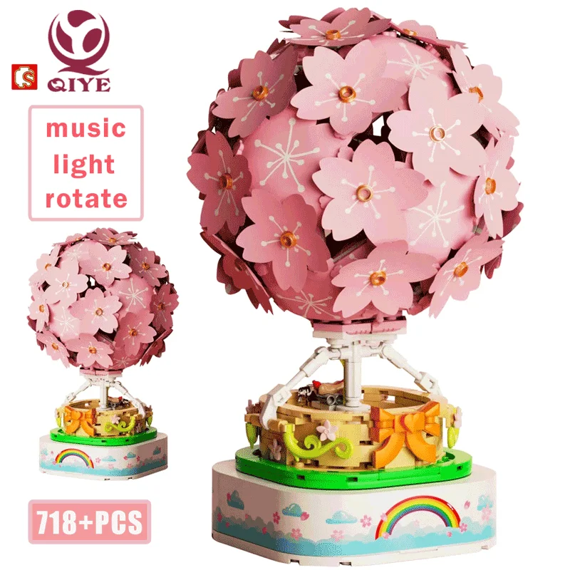 

City Rotating Music Box Lights Sakura Cherry Blossom Hot Air Balloon Tree Building Blocks Toys For Girl’s Gifts Friend Birthday