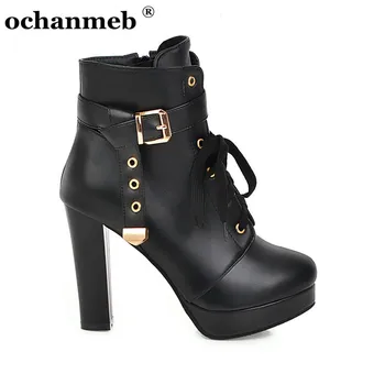 

ochanmeb Punk Metal Buckle Ankle Boots for Women Sweet Bow-tie Lace up Booties Ladies Platforms Thick High Heels Shoe 43 Botas