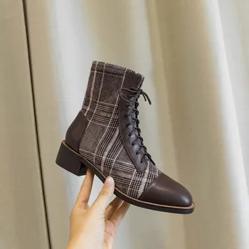 

kmeioo classic gingham ankle boots winter woman zipper round toe chunky heels autumn short boots brown black shoes