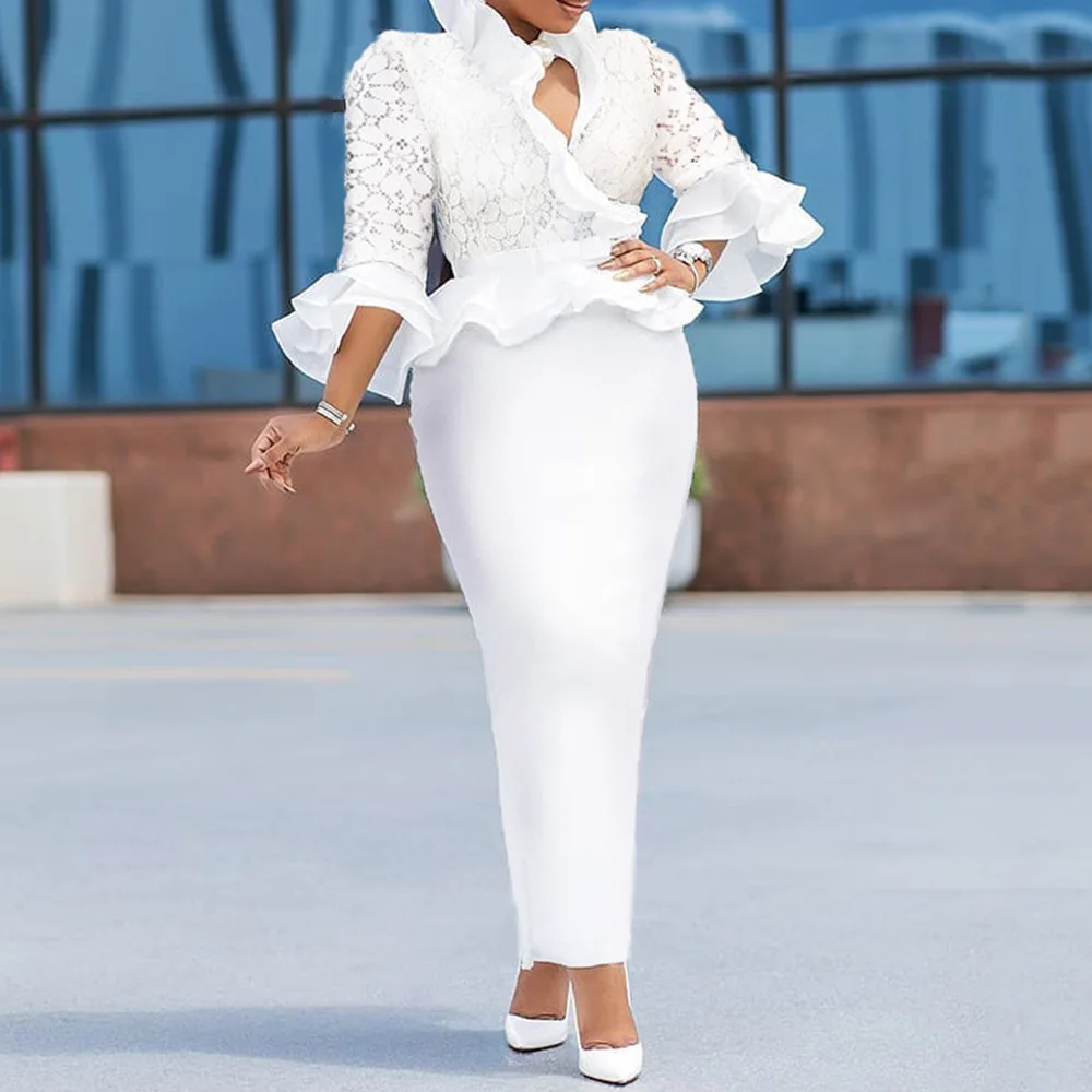

Elegant Lace Ptachwork Ruffle White Long Dress Bodycon African Style Sexy V Neck Maxi Robe Plus Size Party Dress Women Evening