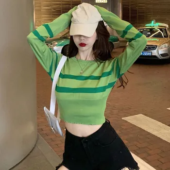 

Autumn Fashion Stripe O-neck Long Sleeve Knitted Pullovers Top Female Sexy Short Sweaters Women New Korean Loose Sweater