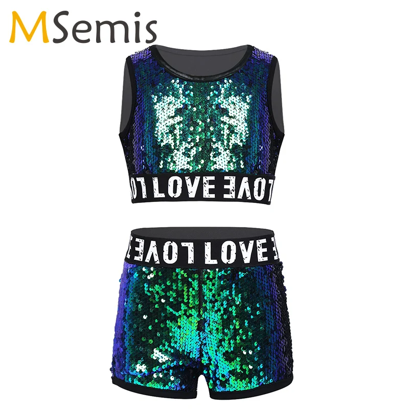 easyforever Kids Girl Cheerleading Hip Hop Jazz Dance Outfit Shiny Sequin Camisole Tank Top with Short Wrist-Sleeve Sock 