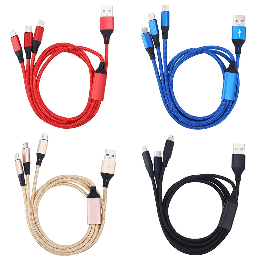 나일론 데이터 라인 3 인 1 케이블, 아이폰 안드로이드 c 타입 휴대 전화 다기능 Usb 원 드래그 3 데이터 충전 코드