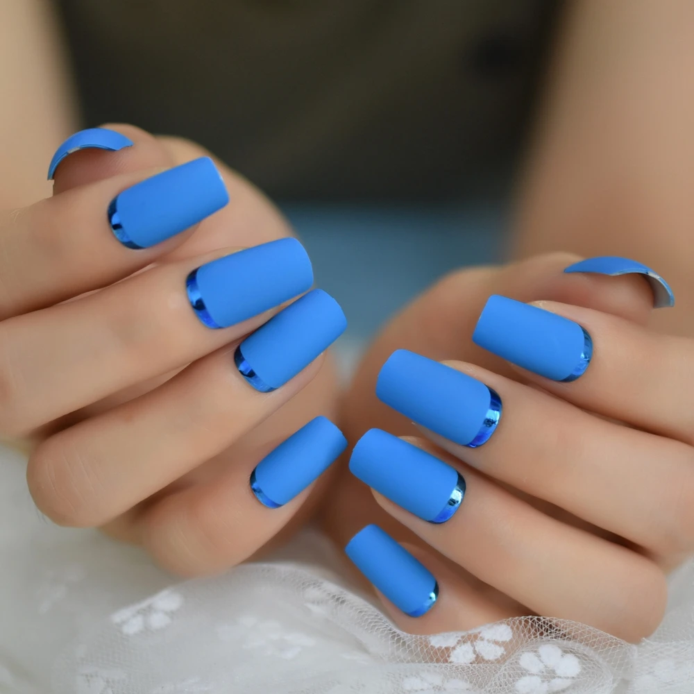 Blue Matte Square Opposite French Fake Tips Chrome Moo Fashion Medium Long Acrylic Nails Wholesale