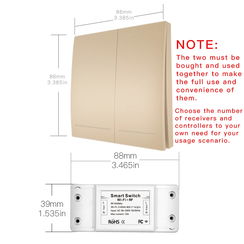 RF 433Mhz Wifi Wireless Remote Control Smart Switch Wall Panel Transmitter,Smart Life/Tuya APP,Works with Alexa Google Home