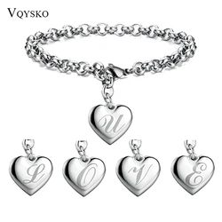 Fashion Summer Initial Charm Alphabet Bracelets Jewelry Stainless Steel Heart 26 Letters Link Bracelet for Women Gifts