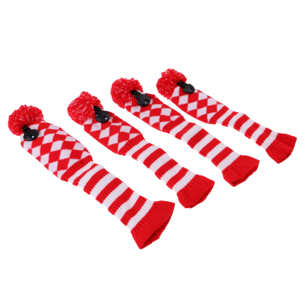 Set of 4 Golf Driver Fairway Woods Club, Knit Head Covers Knit Pom Pom Sock Headcovers Long Neck Knit Sock Golf Club