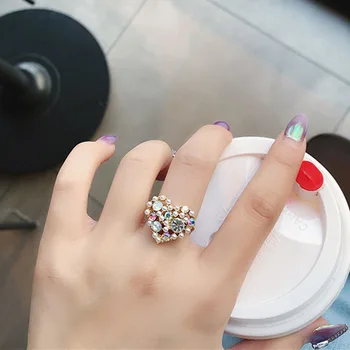 

MW-SONYA Fashion Korean Love Heart Rhinestone Pearl Ring Crystal Rings Elegant for Women Open Ring Gift Anniversary Jewelry