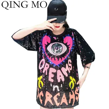 

QING MO Black Red Green Blue Women Full Sequin Dress 2020 Women Letter Printed Mini Dress Tunic Party Birthday Club ZQY3654