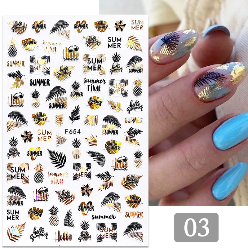 Goud Zilver 3D Diy Sticker Blad Bladeren Bloem Stickers Voor Nagels Iriserende Transfer Decal Lente Zomer Serie Slider