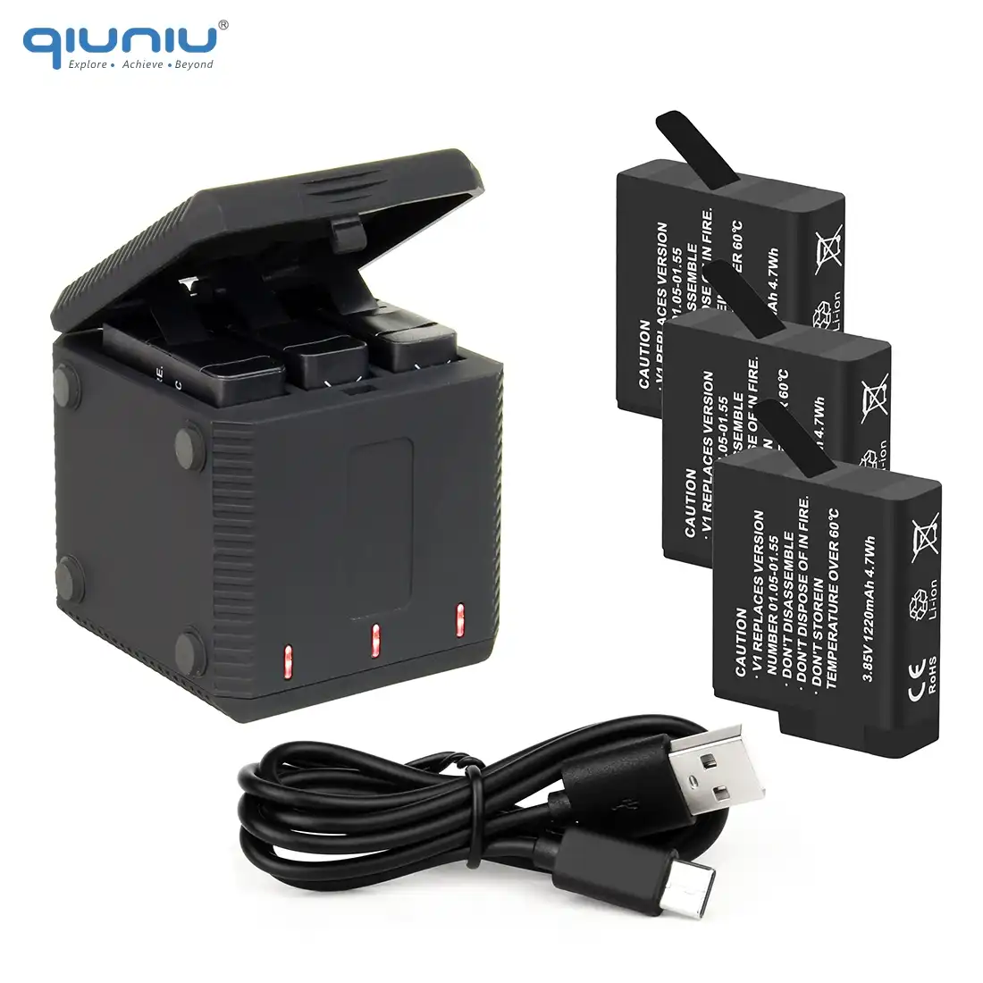 Qiuniu 3pcs Batteries With Triple Battery Charging Charger Box With Type C Cable For Gopro Hero 8 7 6 5 Black Go Pro Accessories Sports Camcorder Cases Aliexpress