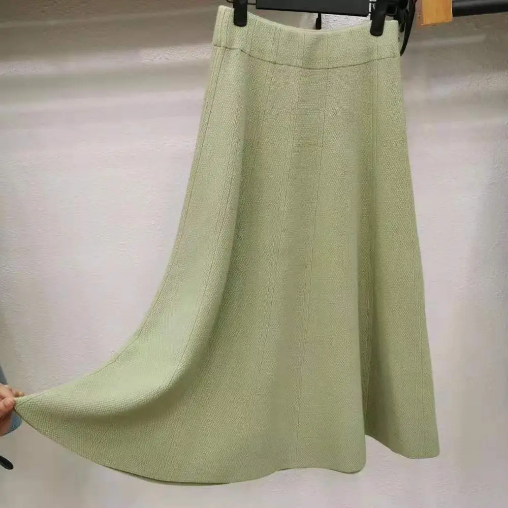 Трапециевидные вязаные юбки для женщин, осенние однотонные юбки с высокой талией, женские длинные юбки, зимние плиссированные юбки, элегантные повседневные юбки Jupe Femme - Цвет: Зеленый