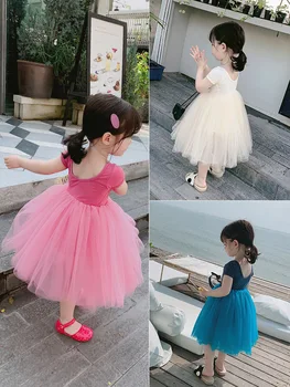 

Summer 2019 new children's clothing Korean girls short sleeve mesh stitching dress children'st princess dress
