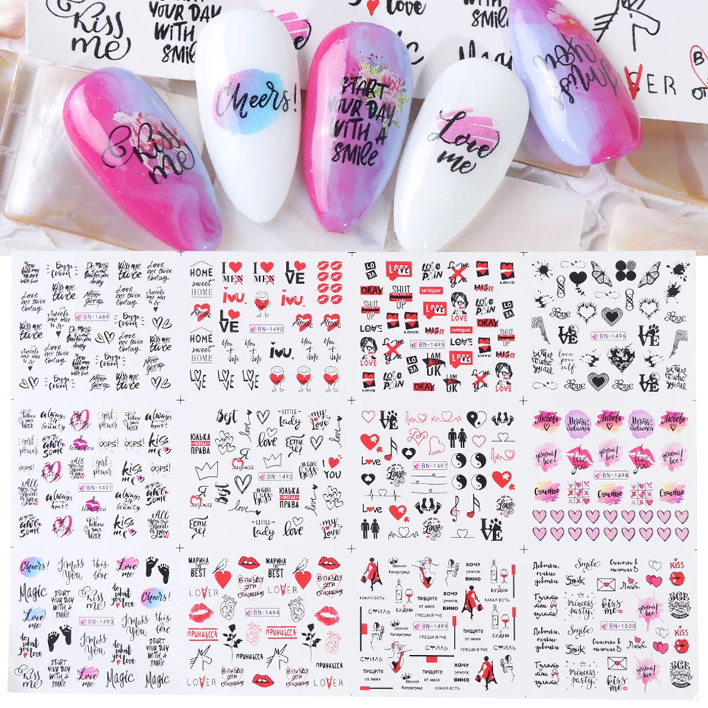 Nail Stickers nail art decoration nail decals flower stickers 12pcs Valentines Manicure Love Letter Flower Sliders for Nails Inscriptions Nail Art Decoration Water Sticker Tips