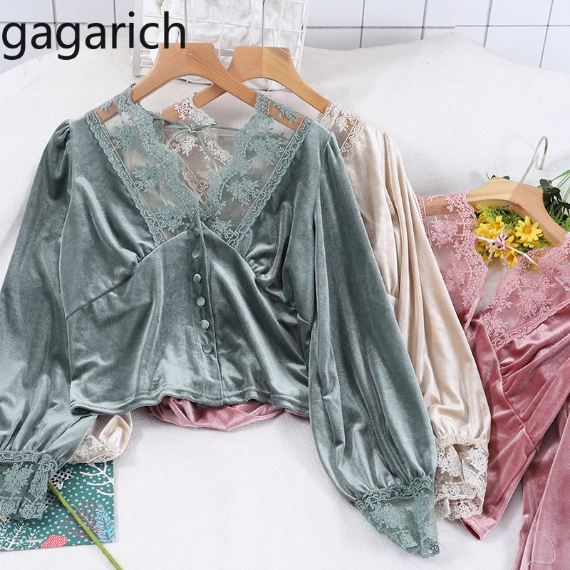

Gagarich Women Blouse 2020 Vintage Autumn Spring Elegant Top Lace Velvet V-neck High Waist Back Short Shirt