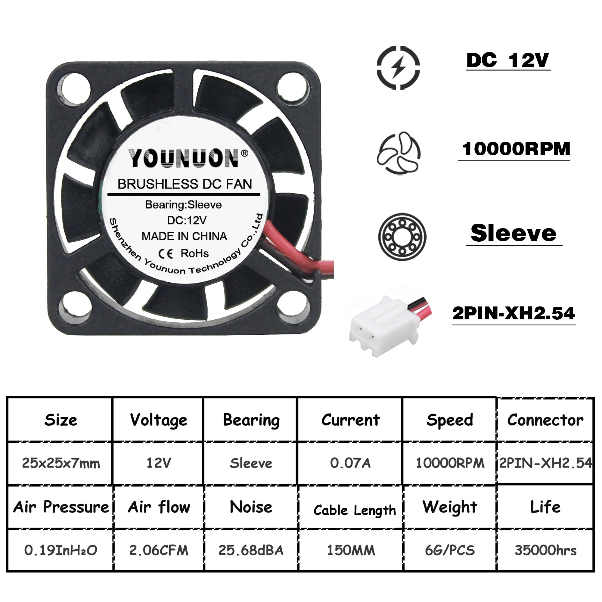 12V XH2.54 2 шт. YOUNUON 25 мм 5 в 12 В Вентилятор охлаждения 25 мм x 25 мм x 7 мм DC бесщеточный Мини кулер вентилятор - Цвет лезвия: 12V XH2.54