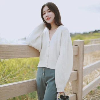 

Women's Knit Cardigan Sweater Bat Sleeve V-neck Single Breasted Solid Color Loose Knitwear Jacket Autumn and Winter New