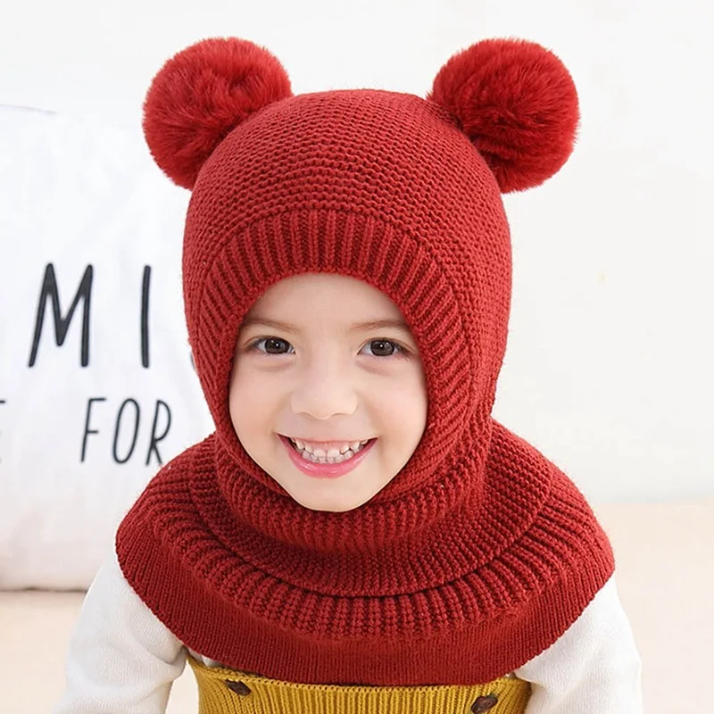 Зимняя шапка для детей 2-6 лет, шапочки для мальчиков, шапочка с двумя помпонами, детские вязаные шерстяные теплые шапки, защищающие шею лица, шапки-ушанки для девочек - Цвет: BY