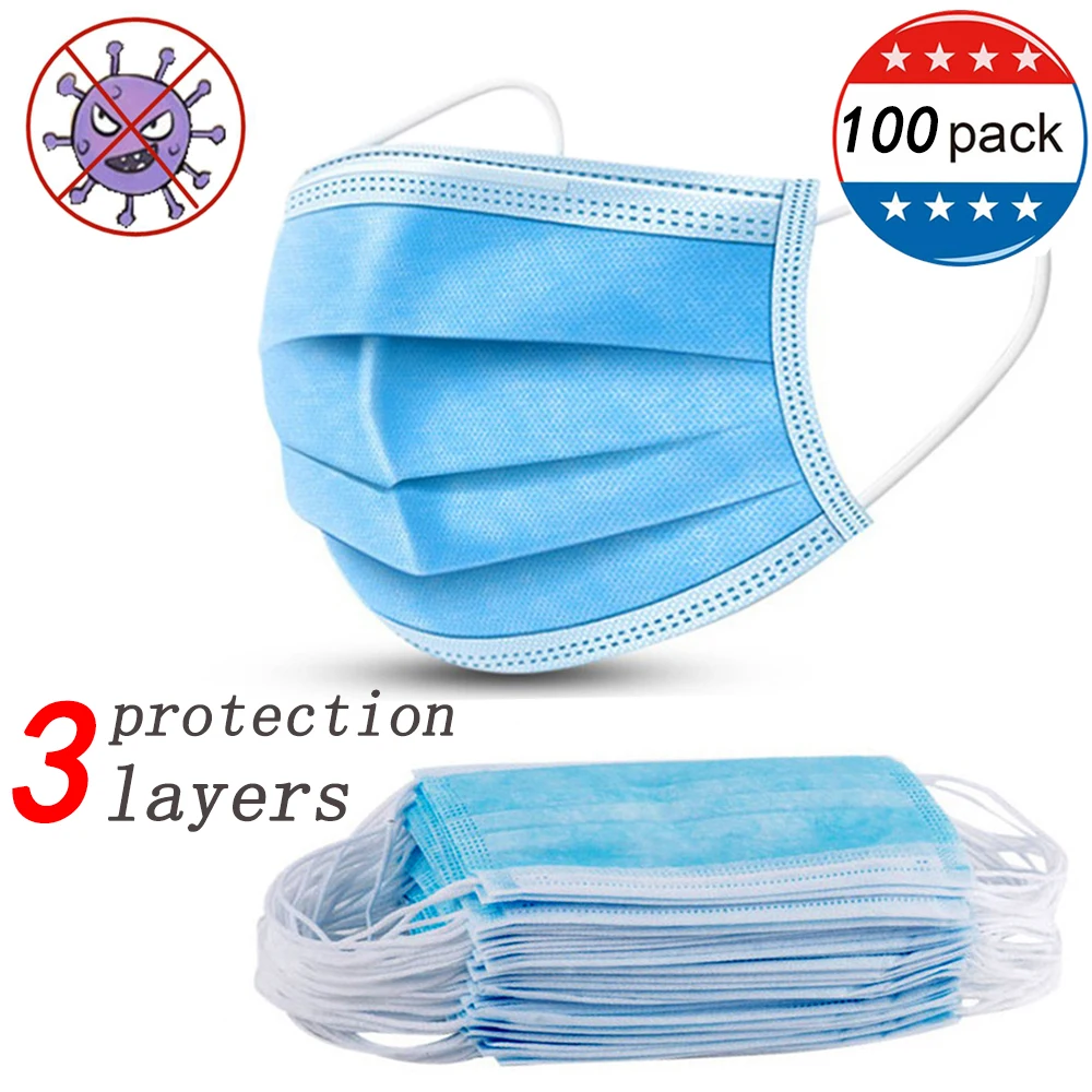 

Fast shipping 3 layer protection Face Mouth Disposable Mask Dustproof PM2.5 prevent Anti Pollution proof masks 100/50/30pcs