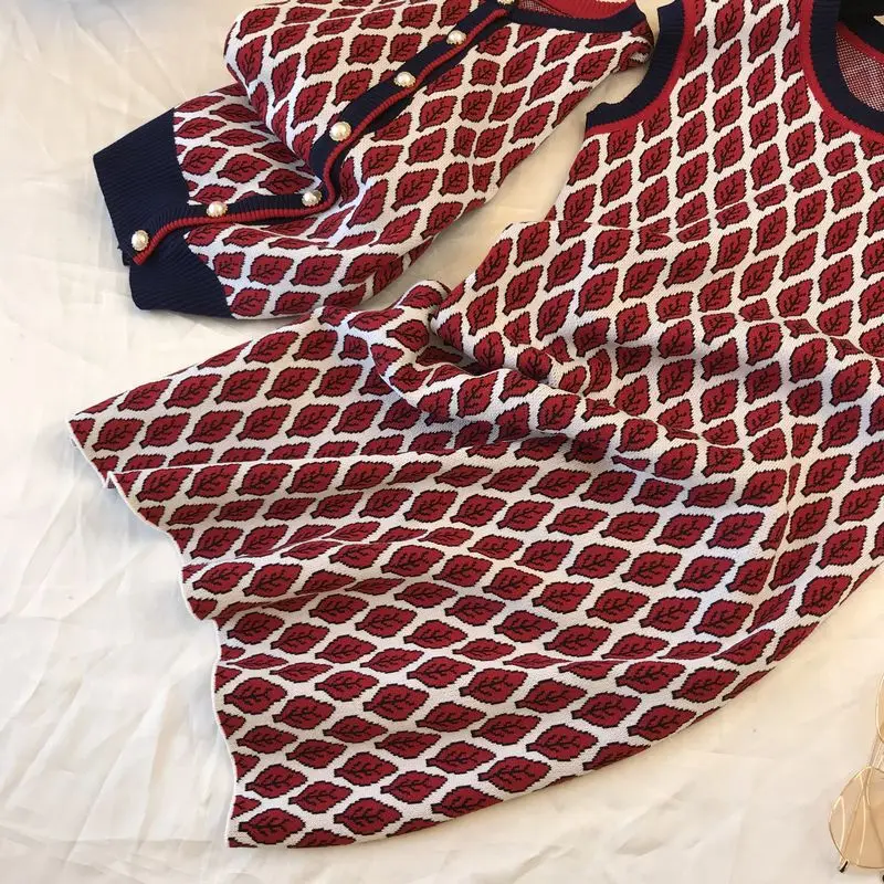 ALPHALMODA/ Зимний вязаный кардиган с круглым вырезом+ платье, Женский жаккардовый костюм из двух предметов с узором в виде листьев и ромбика, повседневный комплект OL
