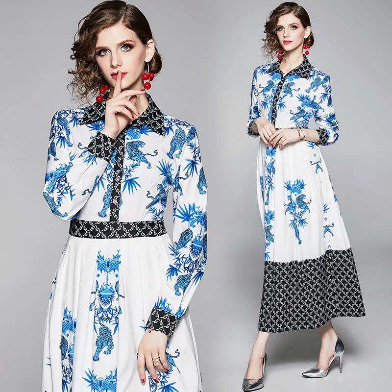 

2019 Spring Summer Fall Runway Vintage Tiger Print Collar Long Sleeve Empire Waist Women Lady Party Casual A-Line Maxi Dress