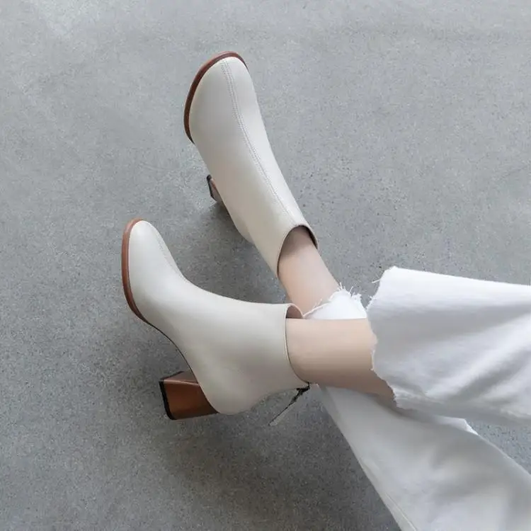 

Thick with short boots naked female leather boots after Martin boots zipper rice white head layer cowhide 6 cm