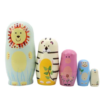 

Hand-painted Russia Dolls 5pcs Cartoon Animal Wood Russian Nesting Matryoshka Dolls Set Best for Girls Wooden Birthday Gift