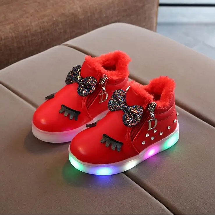 Dihope Children's Winter Glowing Sneakers For Kids Bow-knot Fashion Warm Sport Footwear For Infant Boys Girls Light Casual Shoes