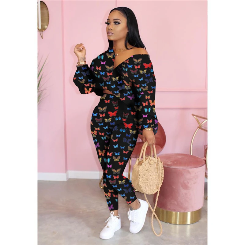 

2 Women's Butterfly Print Suits, Long-sleeved V-neck Short Top, High-waist Slim-fit Trousers, Ladies Fashion Sports Suit