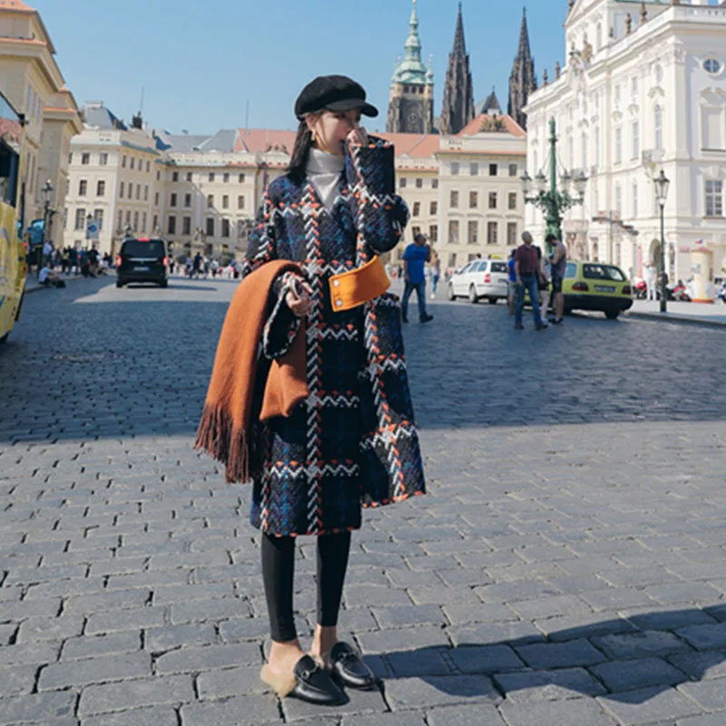 

Coat WoMiddle-length 2019 New Winter Plus Thick Plaid Cape Jackets Coat V-Neck Plaid Long Women Coat