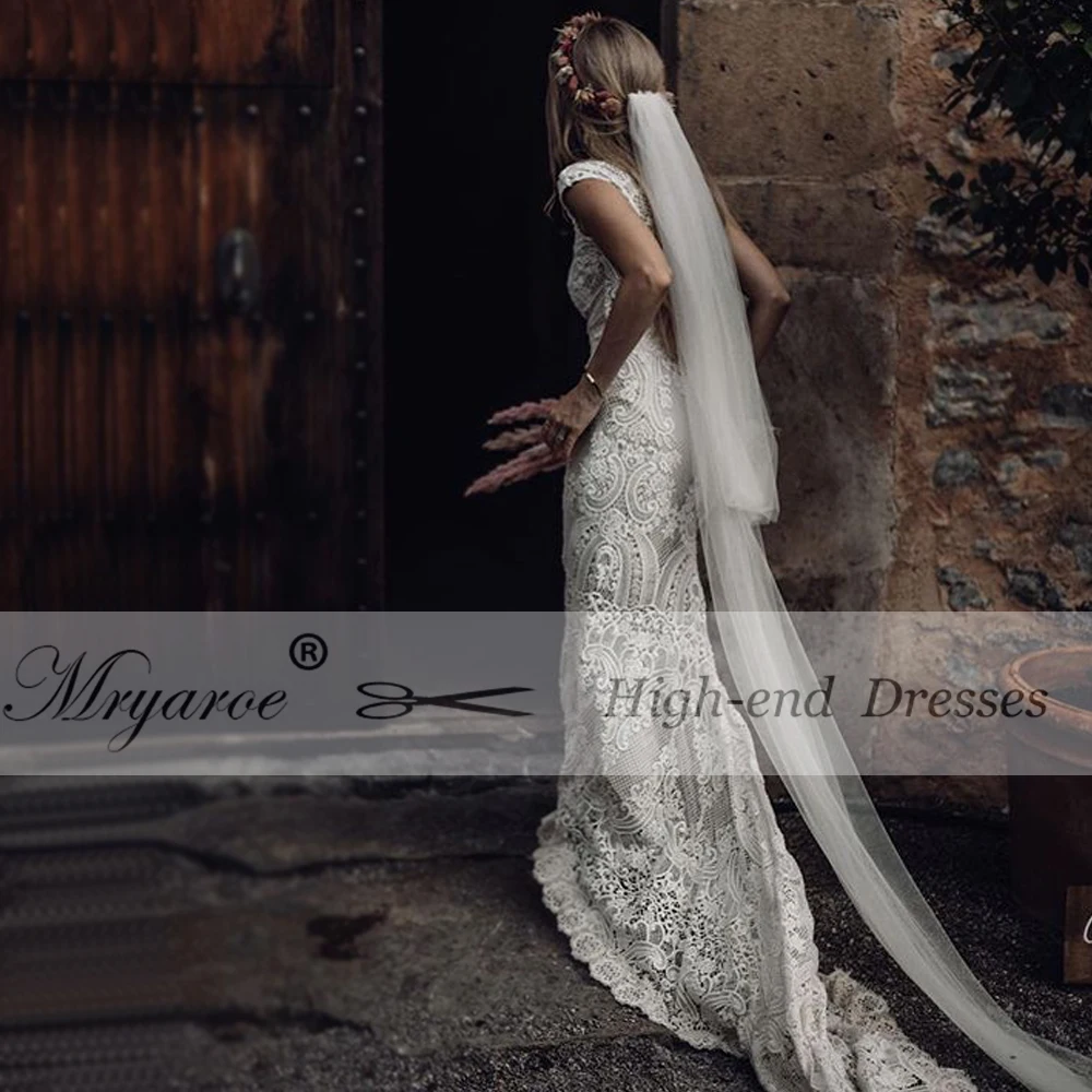 Mryarce Unique Bride Vintage Crochet Lace Boho Wedding Dress Cap Sleeves Open Back Bohemian Bridal Gowns  (9)