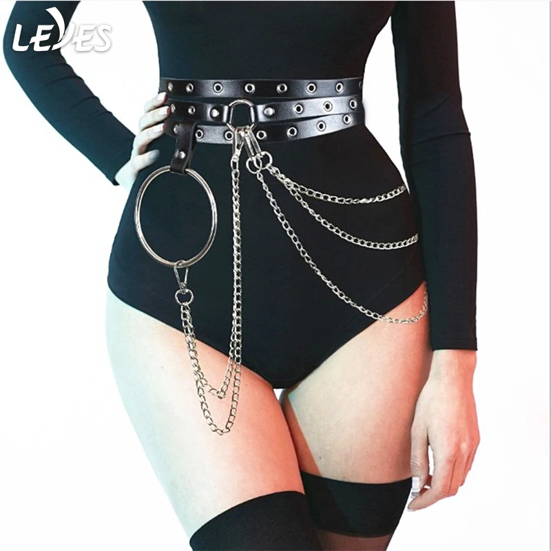 

Fancy Women Punk Chain Fashion Belt Rock Black Sexy Slim Waist Strap Rivet Designer Leather Belts for Ladies Street Dance Brown