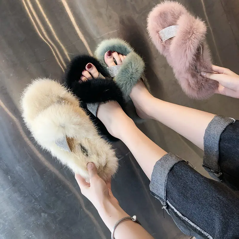 

Flock Shoes Without Heel Slippers Fur Glitter Slides Shose Women Low Socofy Fashion Flat Plush Jelly Soft 2019 Luxury Rubber