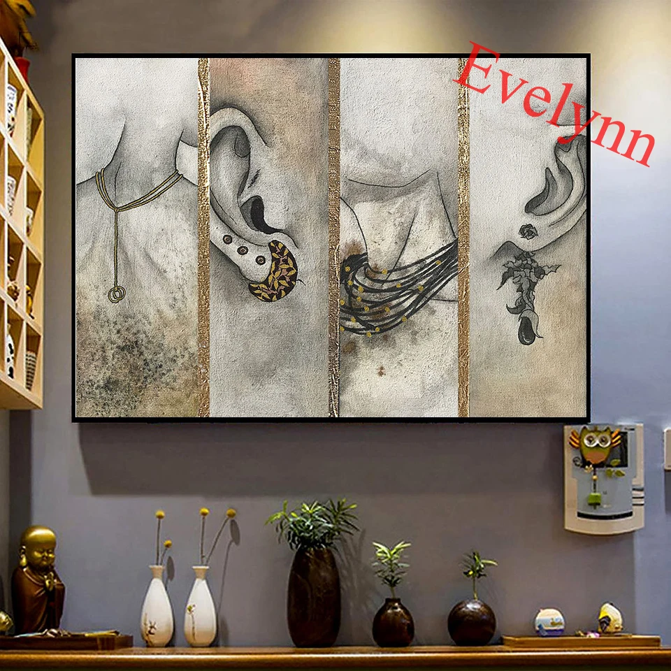 

Vintage Women La Mode Bijoux Poster And Print Wall Art Canvas Painting Ear Decorations Nordic Modular Pictures Living Room Decor