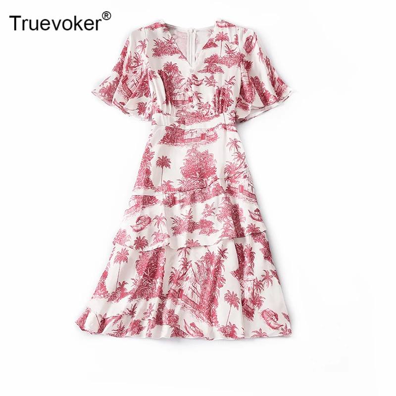 

Truevoker Runway Designer Dresses Women's Short Sleeve Red Fruit Printed Ruffle Layer Resort Vestidoes