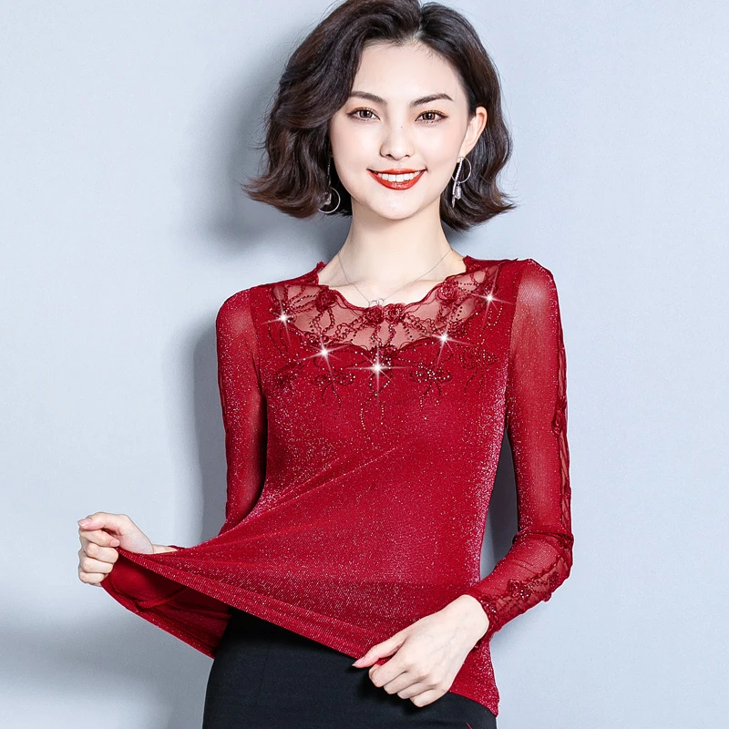 Dingaozlz размера плюс, новинка, M-4XL, модная шифоновая блузка с длинным рукавом, украшенная бриллиантами, кружевные топы, повседневная одежда, женская блузка, рубашка