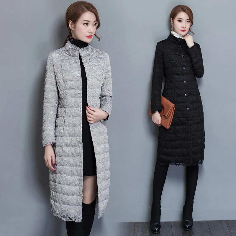 

Photo Shoot Lace Mid-length down Jacket Cotton-padded Clothes Winter 2019 New Style Korean-style Slim Fit Slimming over-the-Knee